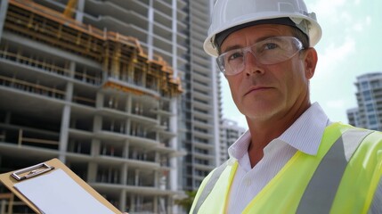Poster - A close-up shot of a site supervisor in a white hard hat and safety vest, holding a clipboard and looking directly at the camera, with a multi-story building under construction in the background