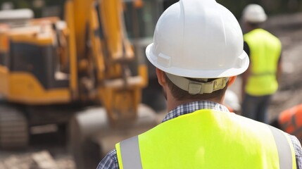 Poster - A close-up shot of a site supervisor wearing a white hard hat and reflective vest, with construction workers and machinery in the background, Construction site scene