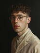 © ckybe - A young man with curly hair, wearing round glasses and a beige jacket, looks confidently at the camera against a dark background.