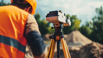 Aufkleber - A close-up shot of a surveyor using a theodolite to measure elevations on a land surveying project, Land surveying with theodolite scene, Methodical and technical style