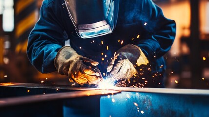 Aufkleber - A close-up shot of a welder in a welding mask and gloves, with welding sparks and metal beams in the background, Industrial welding scene