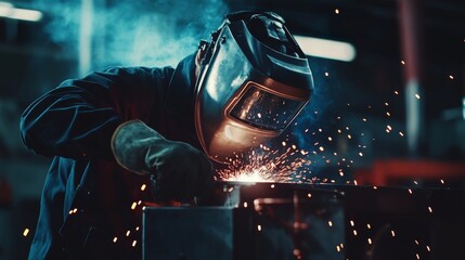 Aufkleber - A close-up shot of a welder in a welding mask and gloves, with welding sparks and metal beams in the background, Industrial welding scene