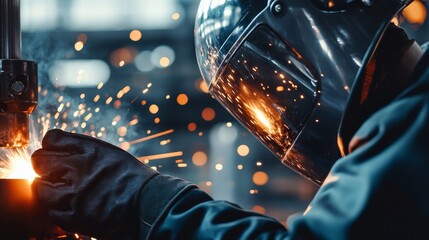 Poster - A close-up shot of a welder wearing a protective helmet and gloves, with sparks flying in the background, Welding station scene