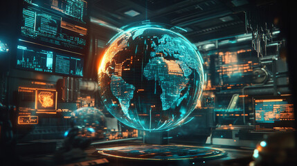 Poster - A futuristic, digital globe shows data streaming as neon light.  It represents global communication technology in our modern world.