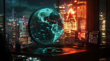 Poster - A futuristic, digital globe shows data streaming as neon light.  It represents global communication technology in our modern world.