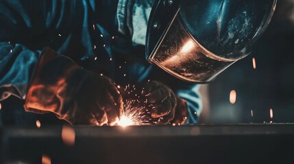 Poster - A close-up shot of a welder wearing a welding helmet and gloves, with welding sparks in the background, Welding station scene