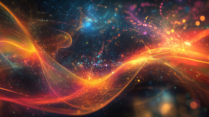 Poster - A futuristic, colorful wave of light flows through digital space.  It's a 3D image showing glowing lines and particles.