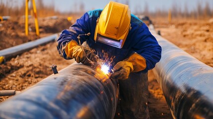 Poster - A close-up shot of a welder welding pipelines at an oil refinery construction site, Oil refinery pipeline welding scene, Skilled and meticulous style
