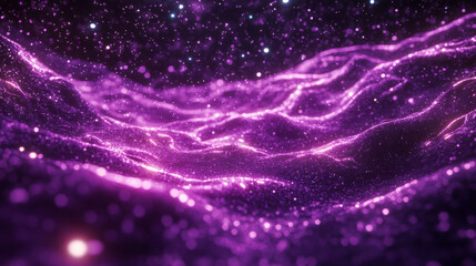 Poster - A wavy purple light grid flows through digital space.  It's a futuristic, 3D image of glowing particles.