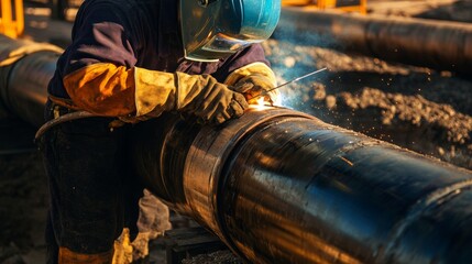 Poster - A close-up shot of a welder welding pipes at an oil refinery construction site, Oil refinery pipe welding scene, Skilled and meticulous style