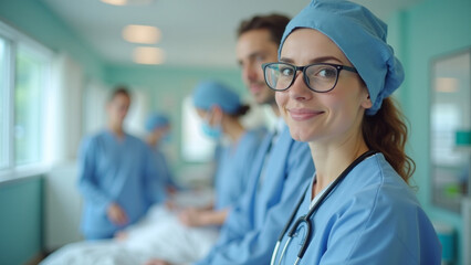 Smiling female surgeon with team in the background. Concept of healthcare, medical, and surgery.