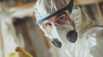 Poster - A close-up shot of an insulation installer in a protective suit and mask, holding insulation material and looking at the camera, with a wall cavity in the background