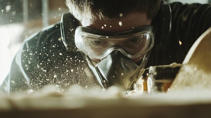 Poster - A close-up view of a carpenter wearing safety glasses and a dust mask, with sawdust flying as they operate a circular saw, Woodworking shop scene