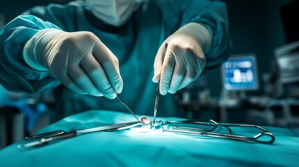 Poster - A close-up view of a surgeon performing a delicate operation, with surgical tools and monitors in the background, Operating room scene
