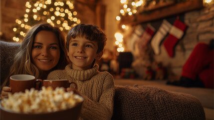 Wall Mural - Family enjoying a Christmas movie night with popcorn and holiday decor	
