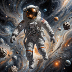 Wall Mural - Astronaut in spacesuit. Astronaut floating in open space.