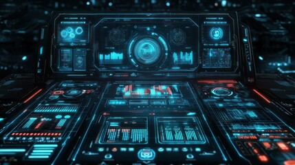 Aufkleber - Futuristic control panel with glowing interface and data visualizations.