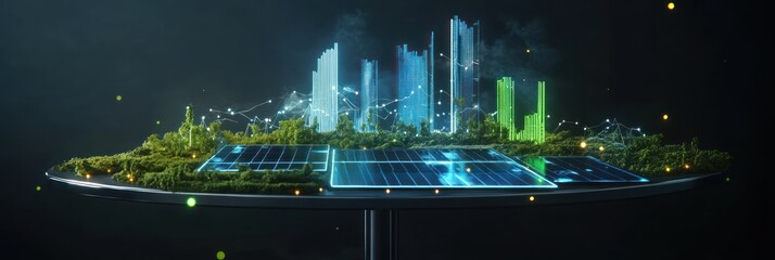 Poster - A futuristic cityscape with greenery and solar panels, symbolizing sustainable technology.