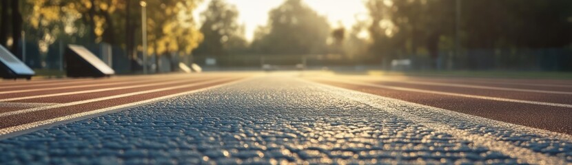 Poster - A close-up view of a running track with warm sunlight illuminating the scene.
