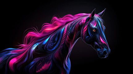 Poster - A vibrant, stylized horse with flowing pink and blue mane against a dark background.