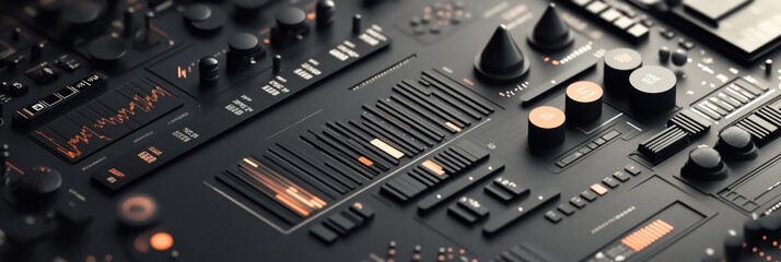 Aufkleber - Close-up of a sleek audio mixing console with various controls and visual displays.