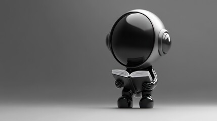 Poster - A small, glossy robot figure reading a book against a minimalist gray background.