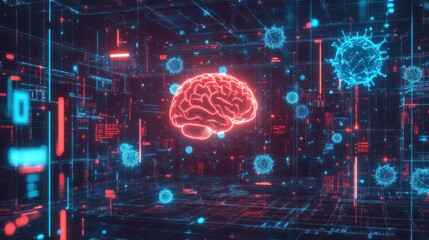 Leinwandbilder - A digital representation of a brain surrounded by virus-like structures in a futuristic setting.
