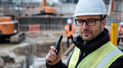 Poster - A construction site foreman in a white hard hat and reflective jacket, holding a walkie-talkie and looking into the camera, with active construction and workers behind