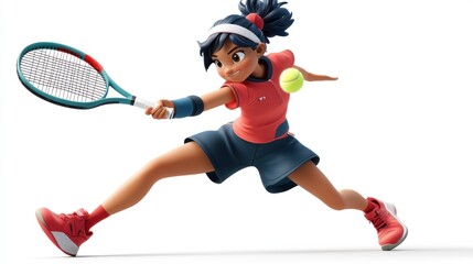 Poster - A young girl playing tennis, poised to hit a ball with a racket.