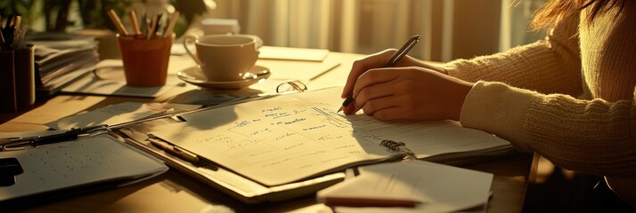 Poster - A person writing notes with a cup of coffee and stationery on a wooden desk.