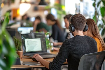 Poster - A person working on a laptop in a modern office surrounded by plants and colleagues.