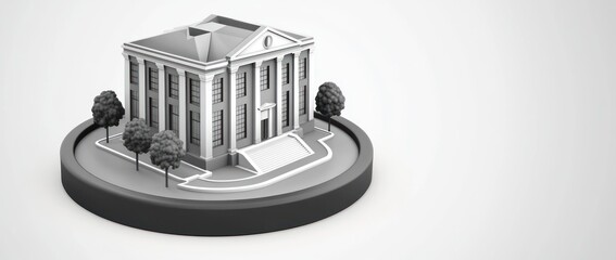 Poster - A monochrome 3D model of a classic building with trees, representing architectural design.