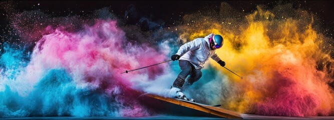 Aufkleber - A skier performs a dynamic move amid vibrant colored smoke, showcasing action and excitement.