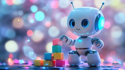 Poster - A cute robot stacking colorful blocks against a blurred, vibrant background.