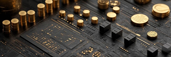 Fototapete - Close-up of a circuit board with gold elements, showcasing technology and design.