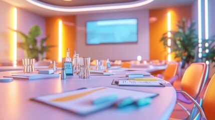 Poster - Modern conference room setup with materials for a meeting.