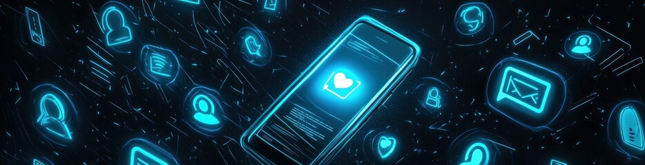 Aufkleber - A glowing smartphone surrounded by social media icons, symbolizing digital connectivity.