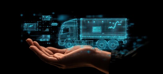 Poster - A hand holding a holographic truck, symbolizing technology in logistics and transport.