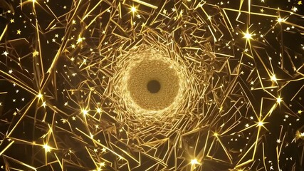 Poster - Experience a stunning animation featuring a golden spiral surrounded by shimmering stars and complex geometric patterns in a dark background, creating a captivating visual journey.
