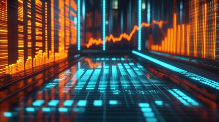 Fototapete - A futuristic data center with glowing graphs and digital displays.