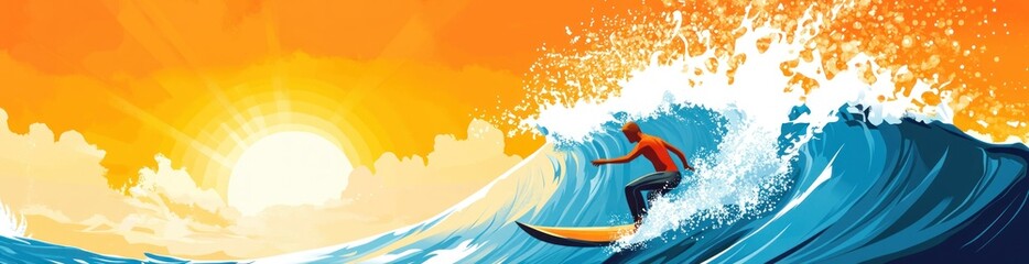 Poster - A vibrant sunset scene featuring a surfer riding a wave.