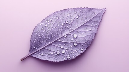 Aufkleber - A purple leaf with water droplets on a soft pink background.