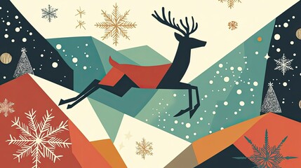 Poster - A geometric flat card with a leaping deer, snowflakes, and modern holiday elements.
