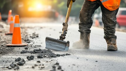 Poster - A construction worker operating a pneumatic drill to break concrete on a bridge repair site, with construction equipment and safety barriers in the background, Bridge repair scene