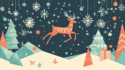 Poster - A geometric flat card with a leaping deer, snowflakes, and modern holiday elements.