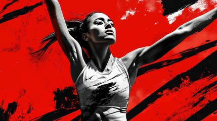 Wall Mural - A dynamic athlete in motion against a bold red and black background, showcasing strength and energy.