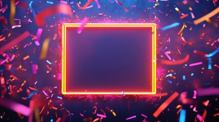 Poster - A vibrant neon frame surrounded by colorful confetti, ideal for celebrations or announcements.