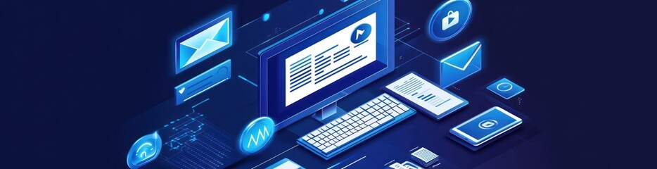 Aufkleber - Digital illustration of technology and communication tools, showcasing devices and icons.