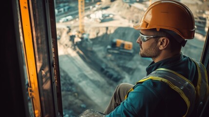 Poster - A crane operator in a cabin, wearing a safety helmet and looking out the window at the camera, with a view of the construction site below