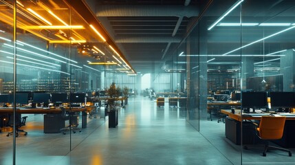 Poster - Modern office interior with sleek design, bright lighting, and organized workspaces.